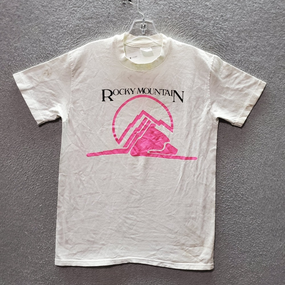 VINTAGE Rocky Mountain Men T-Shirt Medium White Single Stitch Graphic Print READ